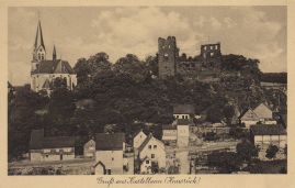 Hier geht es zur Karte mit dem Motiv 'Burgberg mit Ruine, Kirche und Bäumen'
