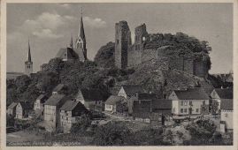 Hier geht es zur Karte mit dem Motiv 'Kirchen und Burgruine hinter Bäumen'
