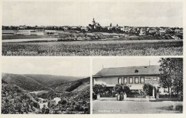 Hier geht es zur Karte mit dem Motiv 'Dorfpanorama, ein Tal und ein Gasthaus'